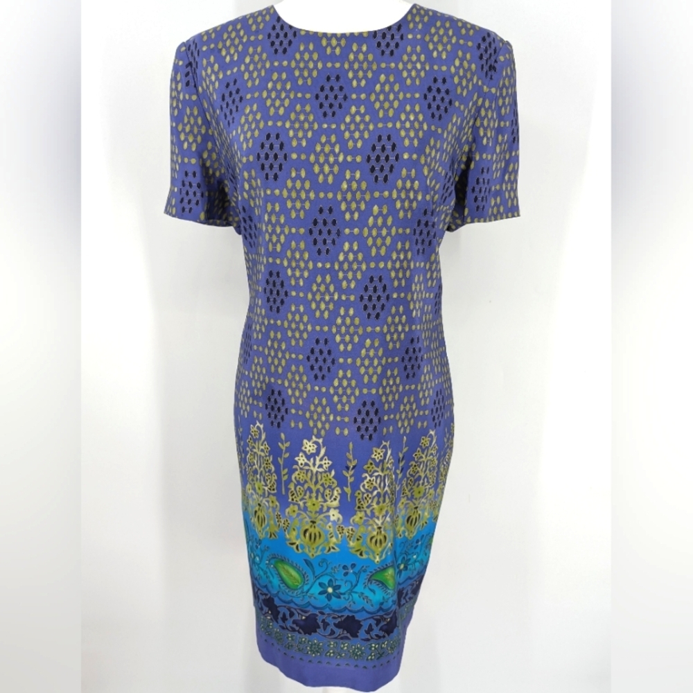 Vintage Maggy London 100% Silk Purple Gold Blue Short Sleeve Sheath Dress 12